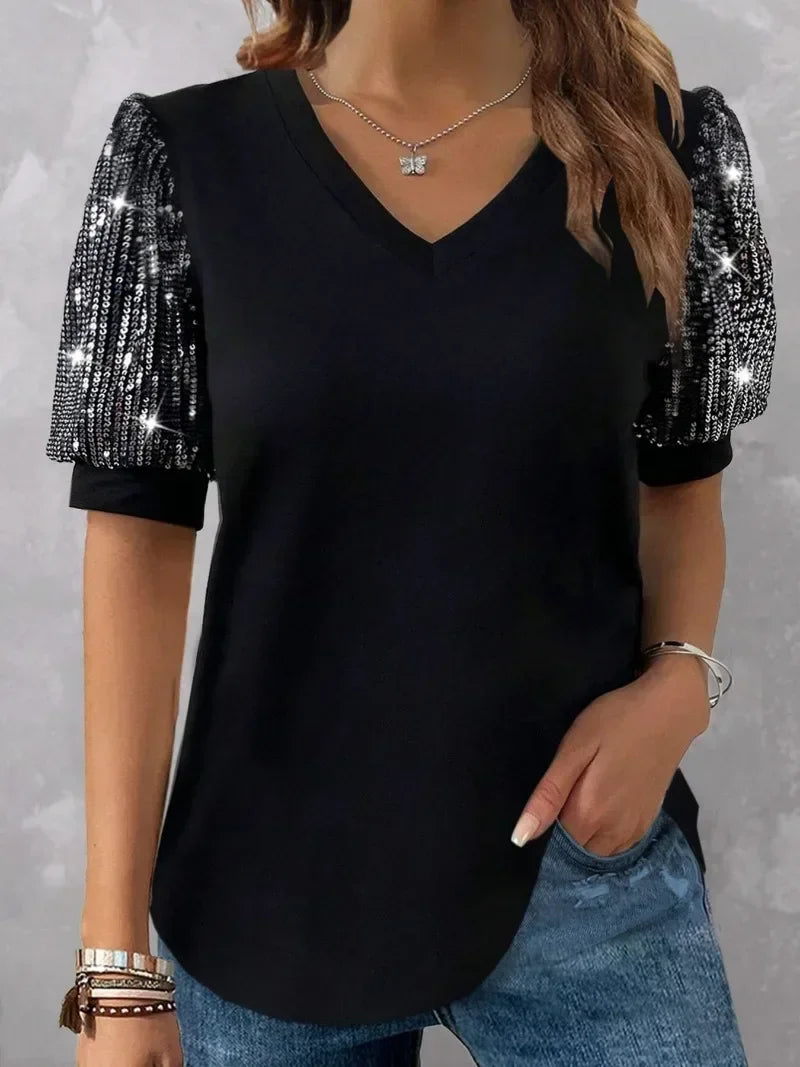 Plus Size 1XL-5XL Women's Color Blocking Sequin T-shirt Summer Lantern Sleeve V-neck Casual Top