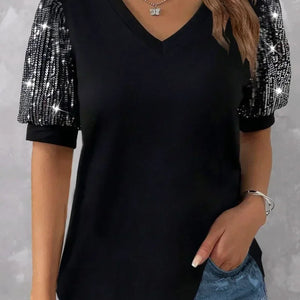 Plus Size 1XL-5XL Women's Color Blocking Sequin T-shirt Summer Lantern Sleeve V-neck Casual Top