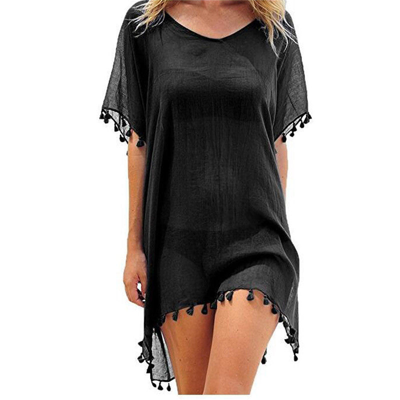 Summer Chiffon Tassels Beach Dress Women Swimwear Bikini Cover Up Female Mini Loose Solid Pareo Tops Swimsuit