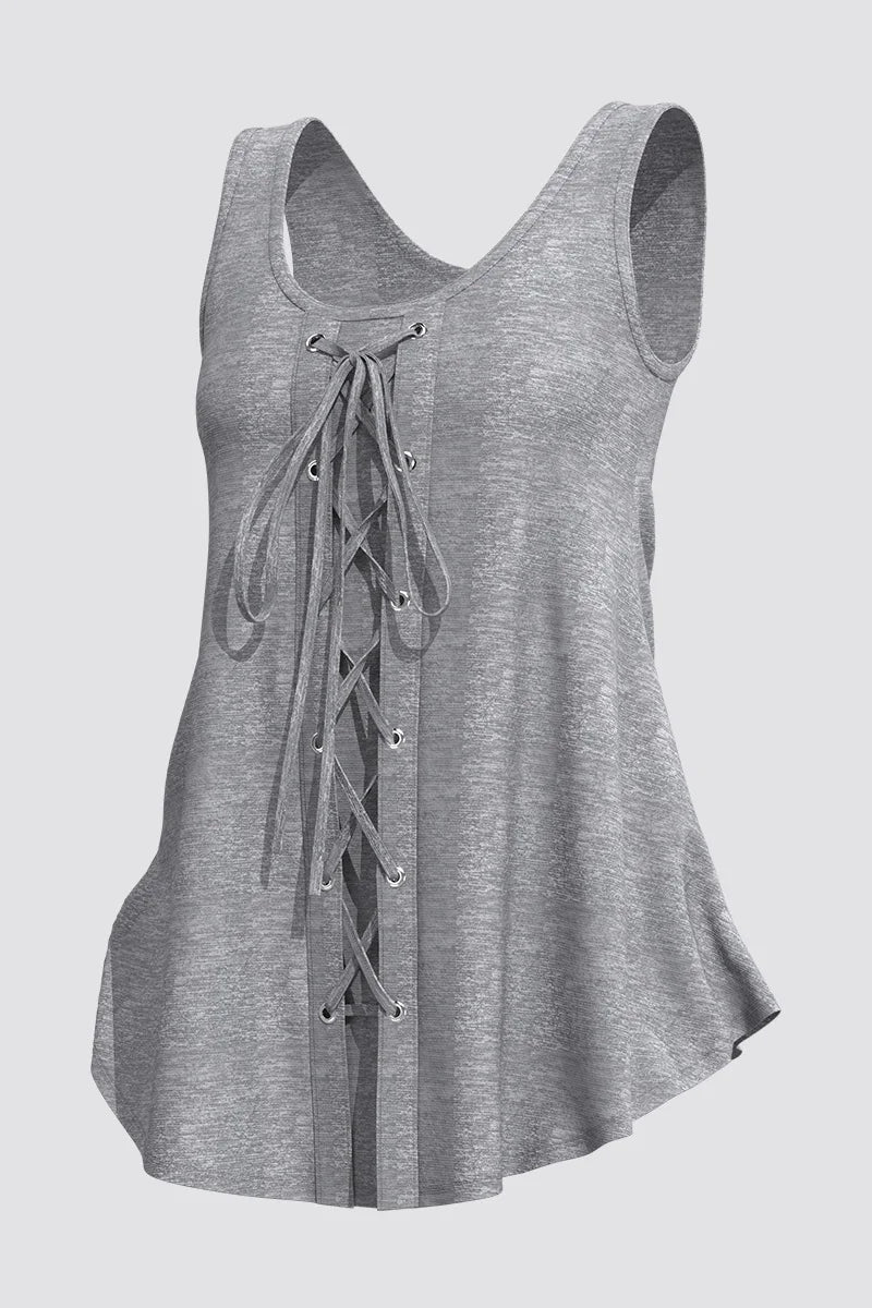 Women's Plus Size Casual Grey Eyelet Washer Lace-Up Tank Top Sleeveless Medium Strecth Vintage Round Neck Summer Tank Top 2024