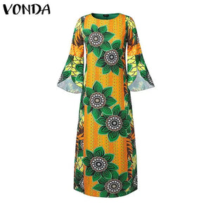 Plus Size 5XL VONDA Bohemian Women Maxi Dress Summer Vintage Flower Printed Flare Sleeve Casual Long Sundress Loose Vestidos