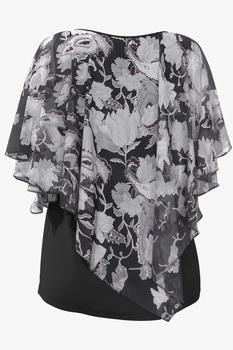 Plus Size Women Blouse Cloak Loose Casual Floral Print Ruffle Batwing Cape Sleeve Tee Top Medium Stretch Women Shirt Top