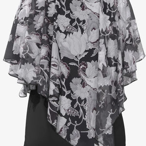 Plus Size Women Blouse Cloak Loose Casual Floral Print Ruffle Batwing Cape Sleeve Tee Top Medium Stretch Women Shirt Top