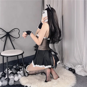 Erotic Cat Girl Cosplay Maid Uniform Sexy Babydoll Lace Hollow Out Mini Dress Lingerie with Gloves Stockings Roleplay Clubwear