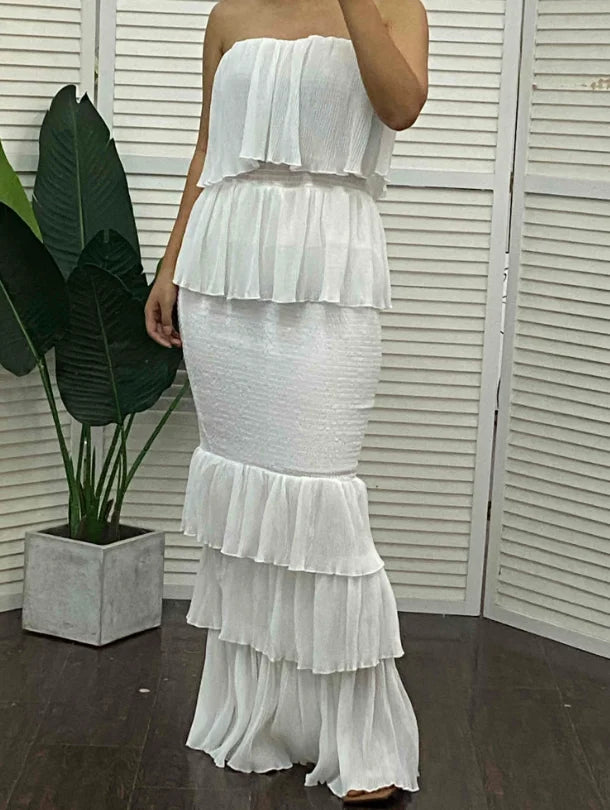 Women Fashion Bandeau Shirred Ruffle Hem Layered Dress