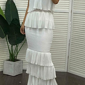 Women Fashion Bandeau Shirred Ruffle Hem Layered Dress