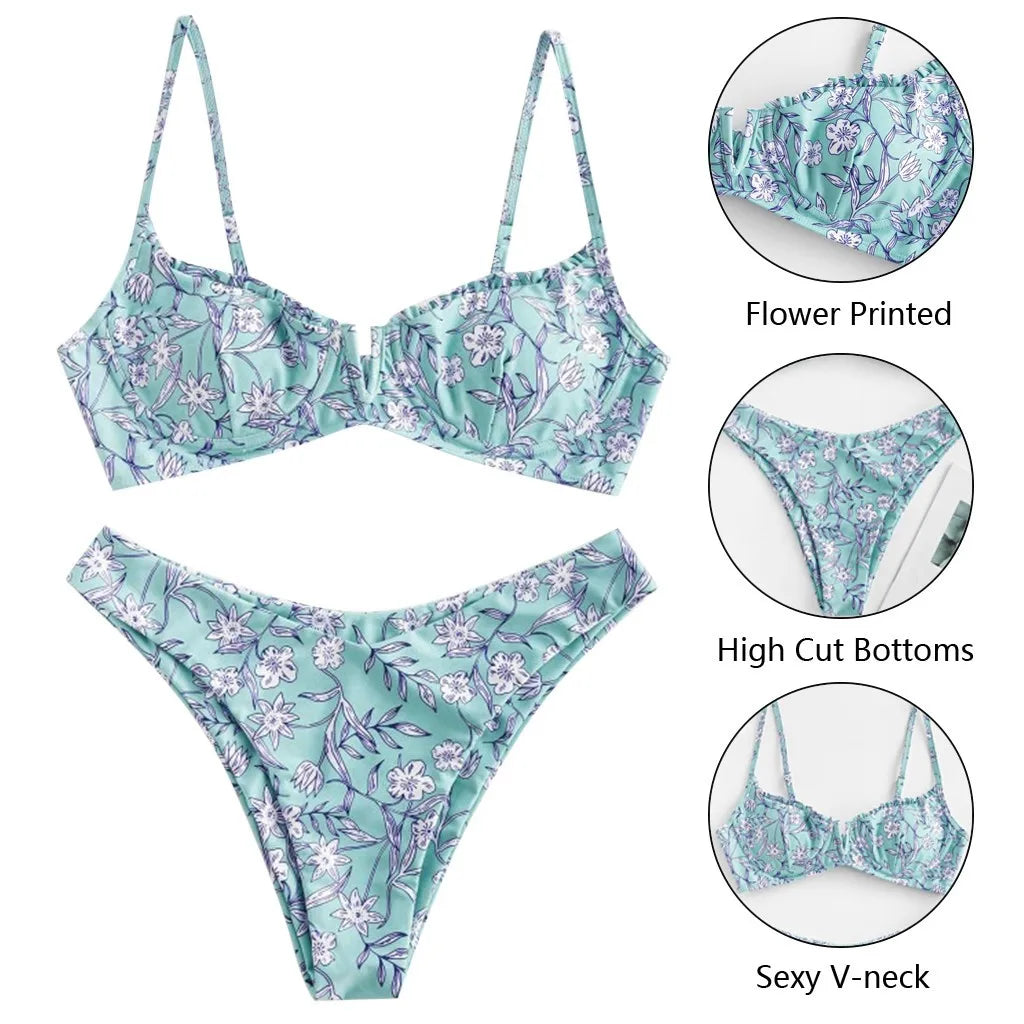 Flower Print High Cut V Neck Two Pieces Swimsuit Women Plus Size Swimwear Swimsuit Beachwear Swimwear Women Plus купальник