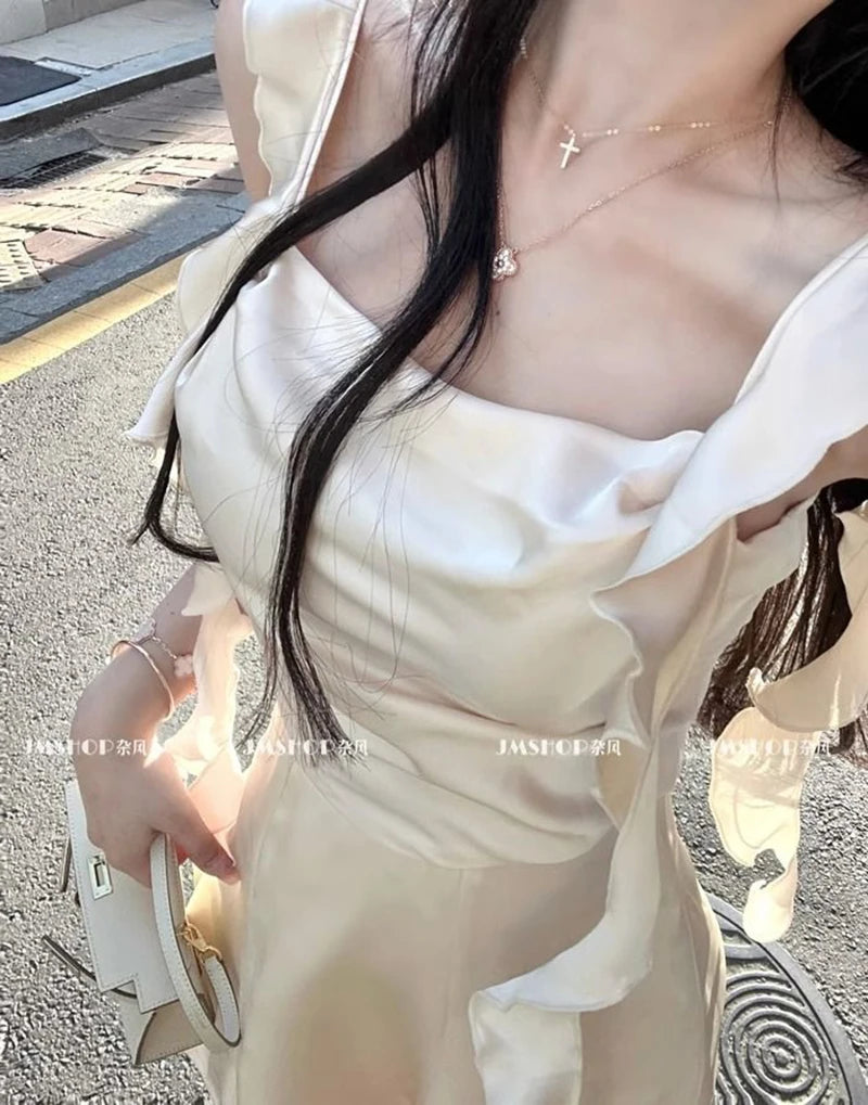 Elegant Satin Mini Dress Women Fairy Party Prom Spaghetti Strap One Pieces Dresses Summer Ladies Vintage Korean Bodycon Vestidos