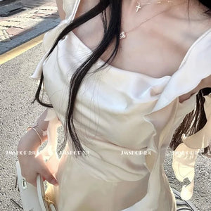 Elegant Satin Mini Dress Women Fairy Party Prom Spaghetti Strap One Pieces Dresses Summer Ladies Vintage Korean Bodycon Vestidos