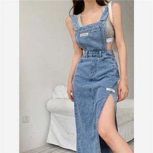 Sleeveless Women Denim Suspender Dress Spring New Midi Skirt Blue Korean Fashion Polo Collar Streetwear Female Braces Slit Dress