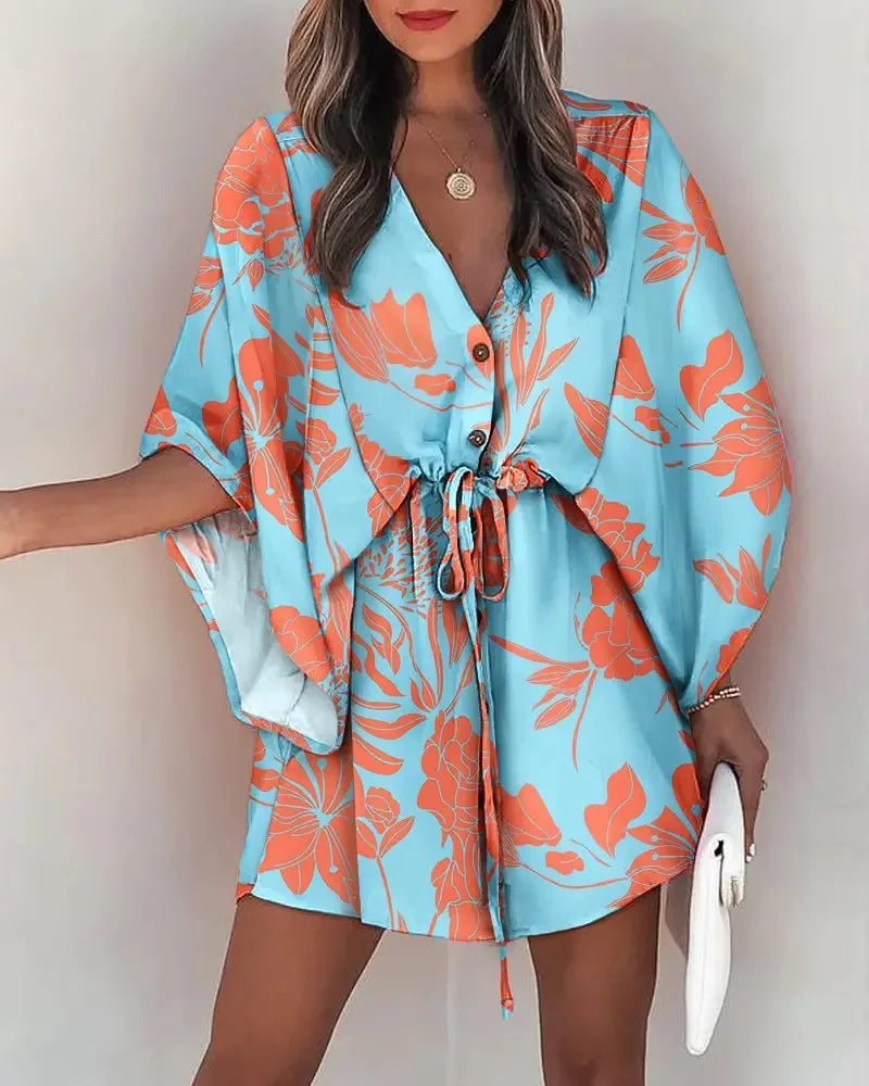 Summer Casual Dress Women Fashion Flying Sleeve V-neck Print Beach Party Dresses Elegant Lace Up Mini Dress Robe Femme 2023 New