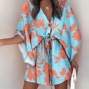 Summer Casual Dress Women Fashion Flying Sleeve V-neck Print Beach Party Dresses Elegant Lace Up Mini Dress Robe Femme 2023 New