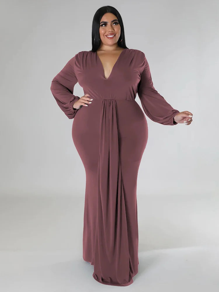 Wmstar Plus Size Party Dresses for Women Long Sleeve Stretch Sexy V Neck Elegant Maxi Dress Fall Clothes Wholesale Dropshipping