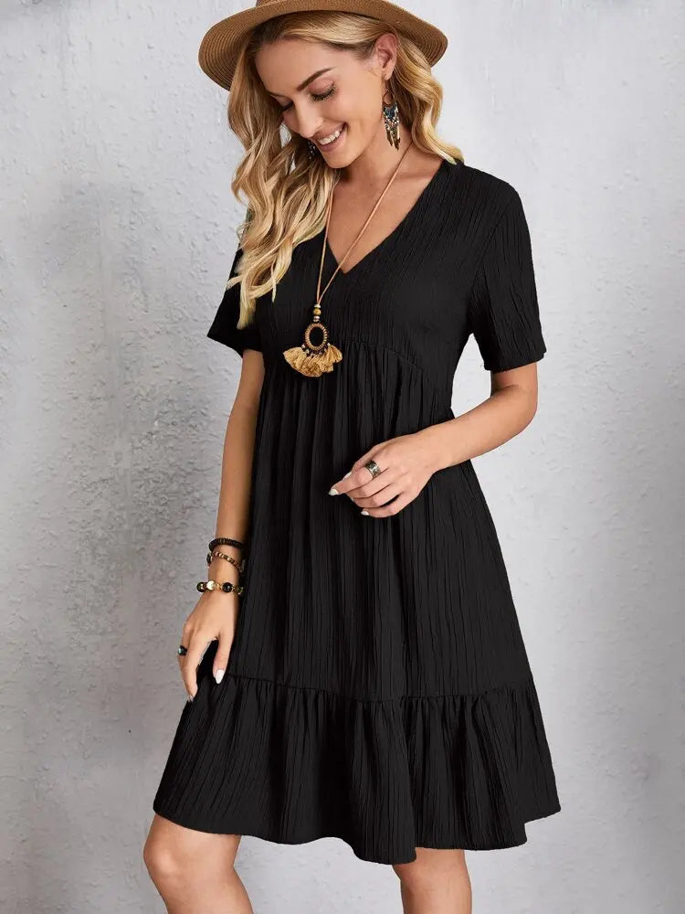 Vintage Solid Elegant Women Dress 2023 Summer Fashion Casual V-Neck High Waist A-Line Mini Dresses Lady Short Sleeve Party Dress