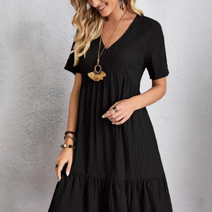 Vintage Solid Elegant Women Dress 2023 Summer Fashion Casual V-Neck High Waist A-Line Mini Dresses Lady Short Sleeve Party Dress