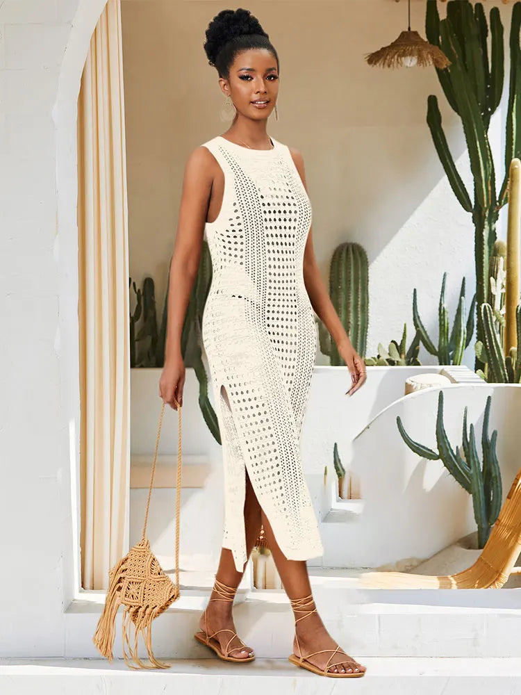 White Crochet Mesh Sleeveless Slit Wrap Beach Dress 2023 Autumn Woman Sexy Hollow Out Knitted Beachwear Swimsuit Cover-ups Q1513