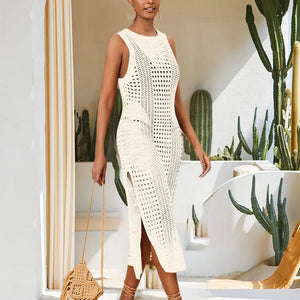 White Crochet Mesh Sleeveless Slit Wrap Beach Dress 2023 Autumn Woman Sexy Hollow Out Knitted Beachwear Swimsuit Cover-ups Q1513