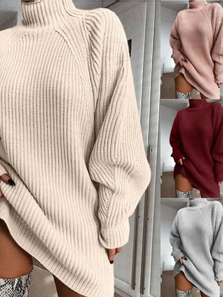 Women Turtleneck Sweater Dress Autumn Solid Long Sleeve Casual Elegant Mini Oversized Knitted Dress Winter Clothes