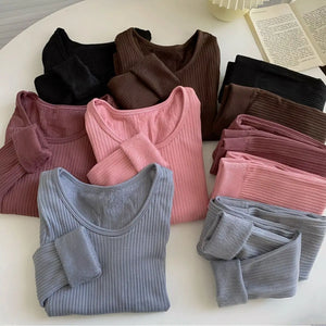 Fleece Long Johns Solid Thermal Underwear Sets Winter Women Clothes Warm Lingerie Long Sleeve Trousers 2 Pieces Thermal Pants