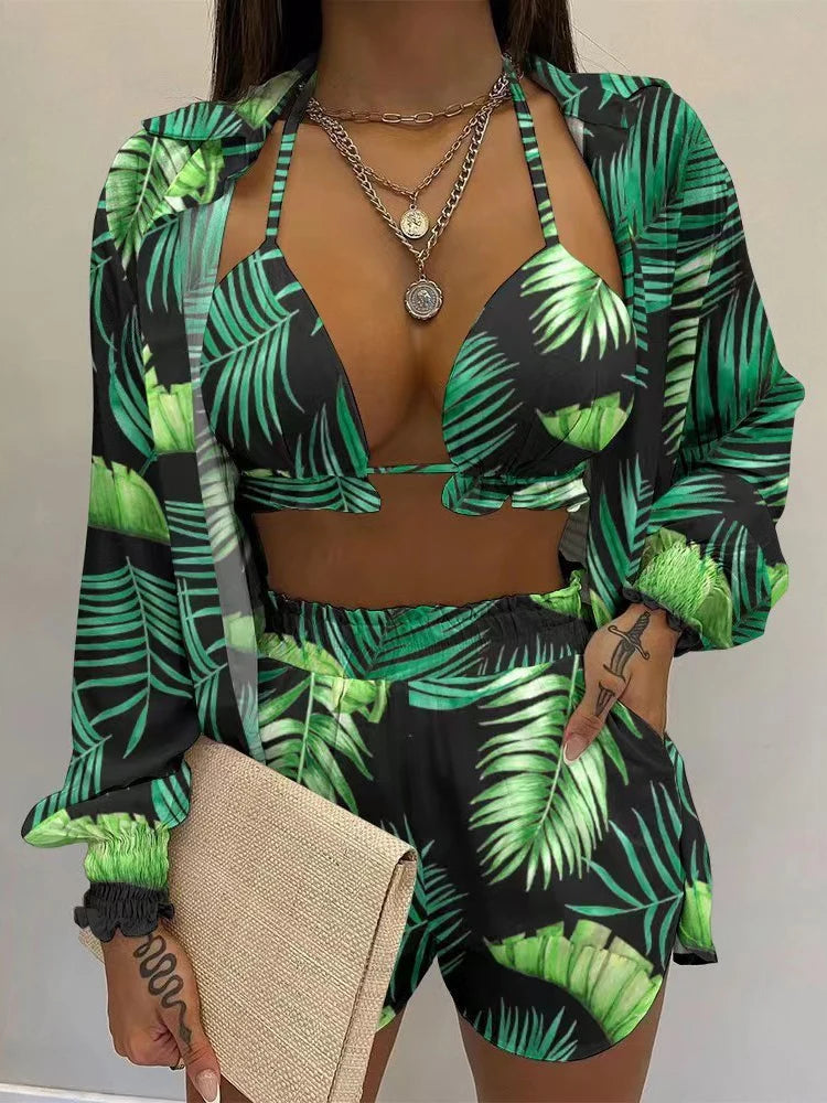 2023 New Green Print High Waist Bikini Sets Swimsuit Women Sexy Lace Up Three Pieces Swimwear Beachwear For Bathing Suit