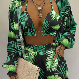 2023 New Green Print High Waist Bikini Sets Swimsuit Women Sexy Lace Up Three Pieces Swimwear Beachwear For Bathing Suit