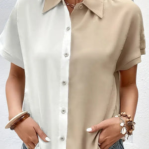 Plus Size Casual Blouse, Women's Plus Colorblock Short Sleeve Turn Down Collar Button Up Blouse