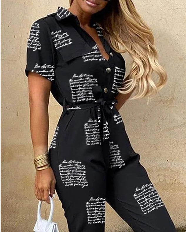 New Summer Jumpsuit Women Elegant Casual Lapel Buckle Printed Female Jumpsuit Woman Trousers Playsuit Overalls Bodysuit Romper