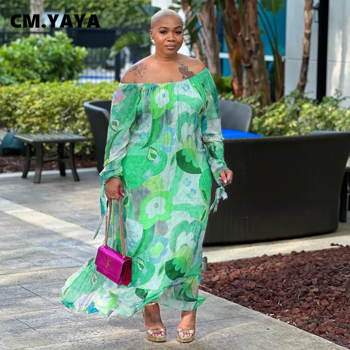 CM.YAYA Plus Size Women Floral Abstract Off Shoulder Long Sleeve Straight Loose Maxi Long Dress 2023 Summer Curve Fashion Dress