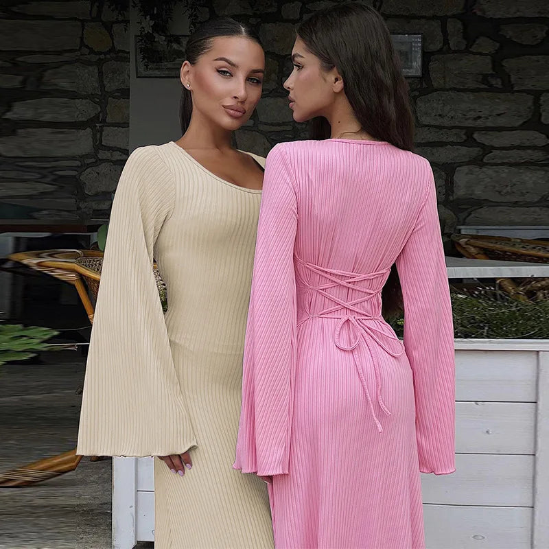 Tossy Scoop Neck Lace-Up Ribbed Maxi Dress Female Long Sleeve Fashion Slim Loose Bandage Dress Autumn 2023 Solid Women Dress New