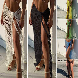 Sexy Wrap Skirt Binding Rope Beach Wear Sarong New Arrival Women Knitting Crochet Hollow Out Cover Up Solid Color Beach Dress