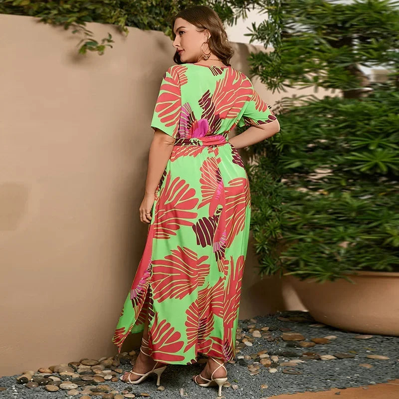 plus size New best-selling oversized loose V-neck dress for women with elastic waist  short sleeved printed long skirt