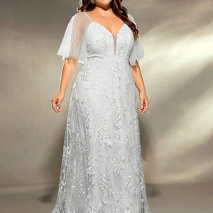 Mgiacy plus size V-neck gauze large trumpet sleeve patchwork embroidered lace A set wedding gown PROM dress Party dress