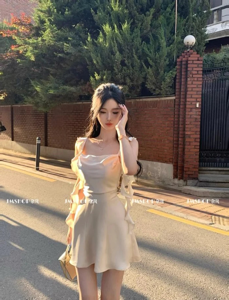 Elegant Satin Mini Dress Women Fairy Party Prom Spaghetti Strap One Pieces Dresses Summer Ladies Vintage Korean Bodycon Vestidos