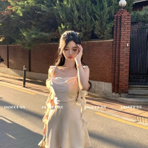 Elegant Satin Mini Dress Women Fairy Party Prom Spaghetti Strap One Pieces Dresses Summer Ladies Vintage Korean Bodycon Vestidos