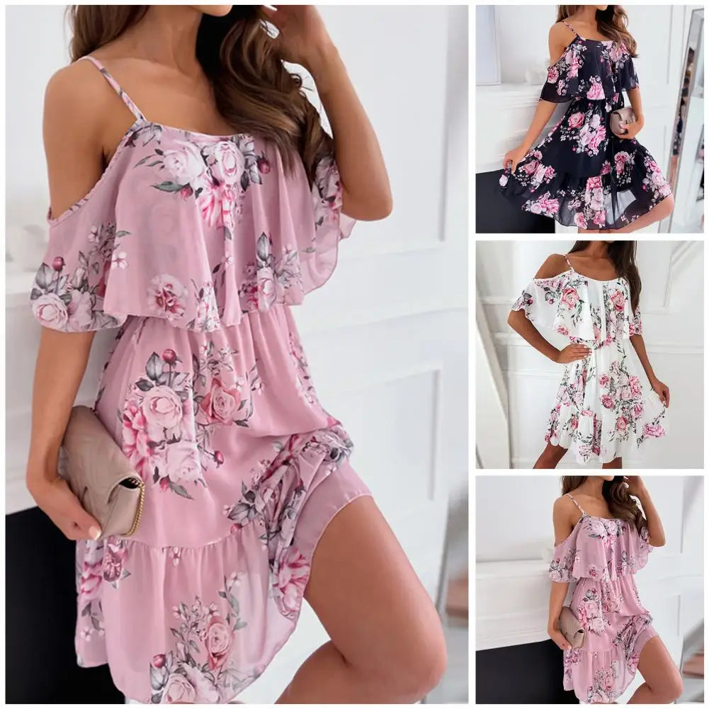 Trendy Mini Dress Flower Print Flounce Edge Colorful Above Knee Short Sleeve Women Dress  Female Dress Spaghetti Strap