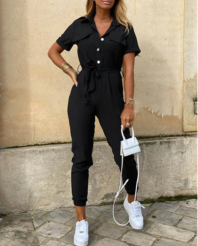 New Summer Jumpsuit Women Elegant Casual Lapel Buckle Printed Female Jumpsuit Woman Trousers Playsuit Overalls Bodysuit Romper