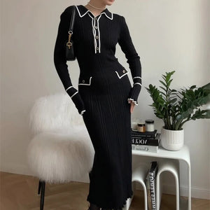 Tossy Ruffled Fashion Knit Dress Women Autumn Ribbed Contrast Long Sleeve High Waist Lapel Gown Dress Knitwear Ladies Maxi Dress