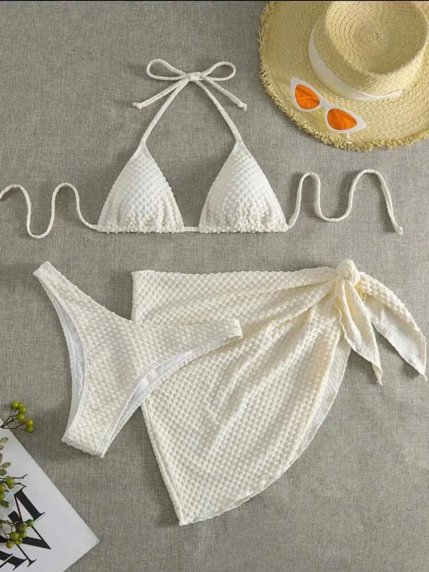 Sexy halter women solid white bikini sets three pieces with cover skirt swimsuit Swimwear bathing suit beach outfits biquini