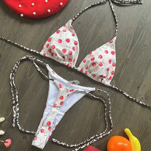 Swimwear Women Cute  Cherry Print Brazilian Thong Bikini Set Sexy Thong Swimsuit Two Pieces Bathing Suit Women 2023 Beach Wear