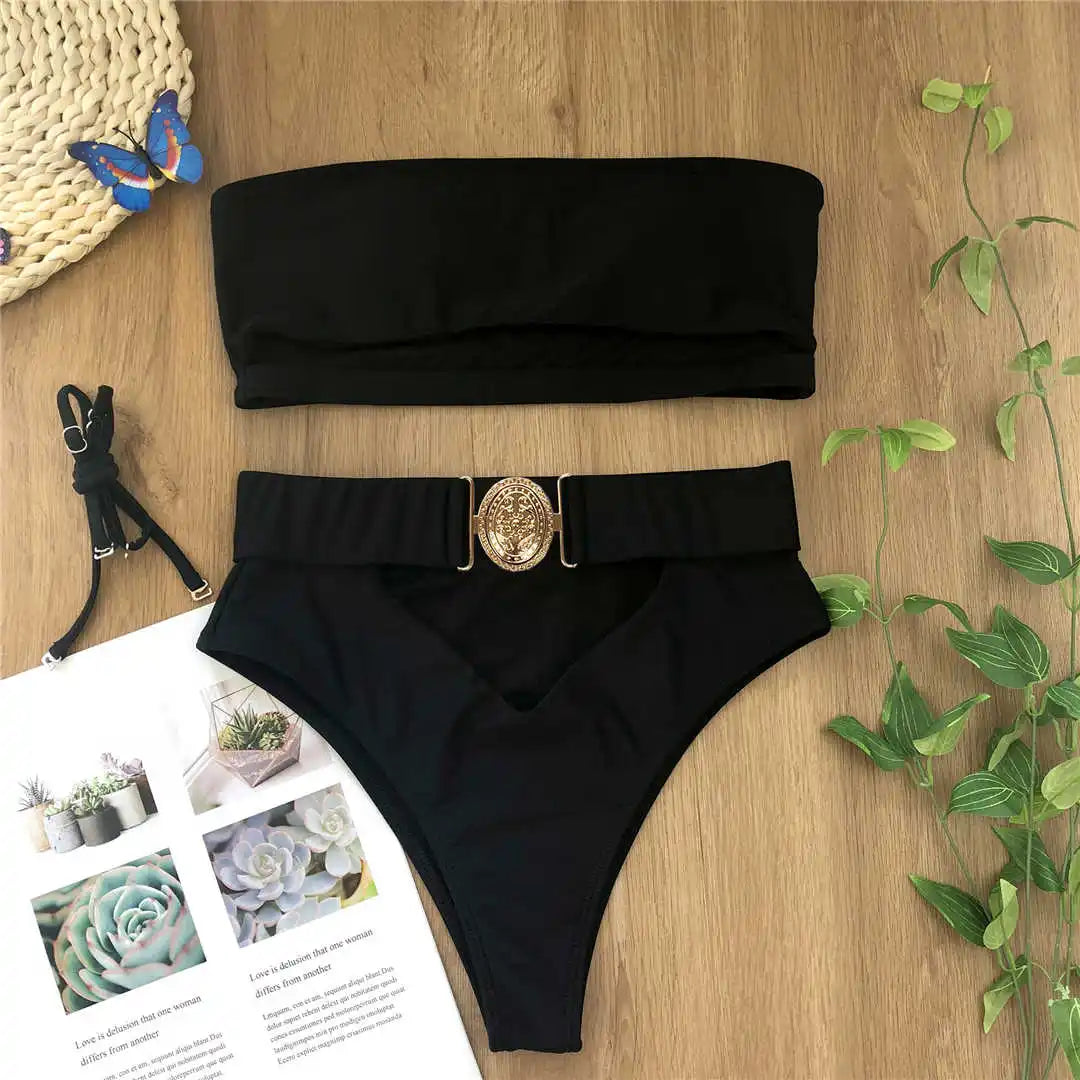 Sexy Bandeau Strapless Bikini High Waist Swimsuit Women Swimwear Bikini set Black Bather High Waist Bathing Suit Swim V1798S