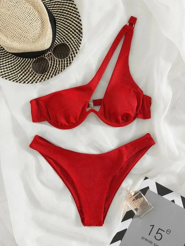 2024 Luxury Two Pieces Solid Patchwork Underwire Push Up One Shoulder Cut Out Beachwear Swimwear Biqunis Brazilian Thong Bikini