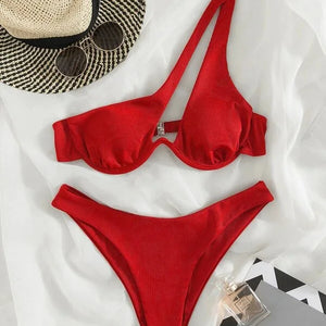 2024 Luxury Two Pieces Solid Patchwork Underwire Push Up One Shoulder Cut Out Beachwear Swimwear Biqunis Brazilian Thong Bikini