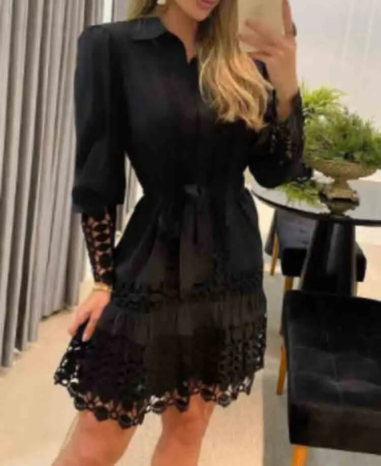 Spring Autumn Hollow Out Floral Solid Color Fashion Casual Sexy Lace Patch Shirt Dress Mini Dress Y2k Party Holiday Vestido