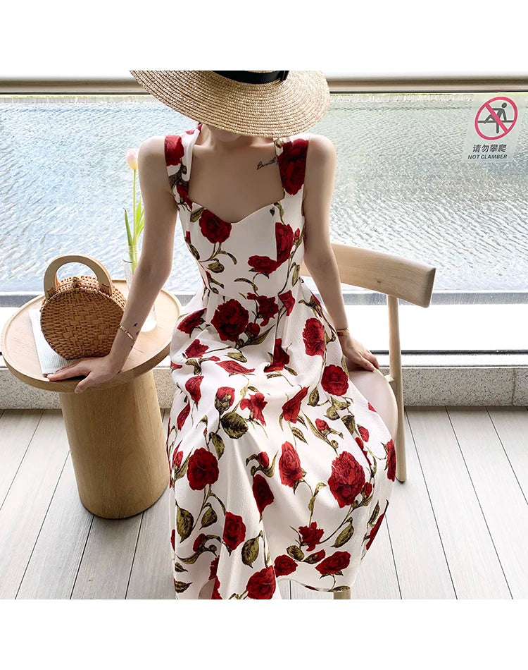 Women's Summer Elegant Floral Print Rose Strap Midi Dress Sleeveless Casual Beach Party Sundress Female Fashion A-Line Vestidos