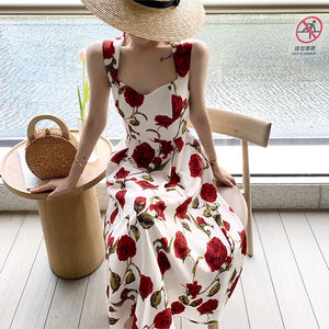 Women's Summer Elegant Floral Print Rose Strap Midi Dress Sleeveless Casual Beach Party Sundress Female Fashion A-Line Vestidos