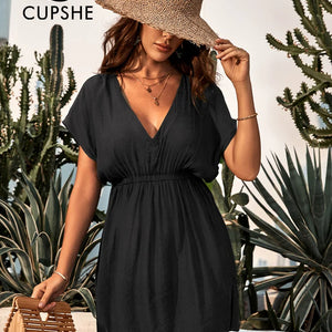 CUPSHE Plunge Neck Elastic Waist Bikini Cover Up For Women Loose Short Sleeve Holiday Beach Tunic Dress 2023 Summer Beachwear