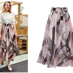 2024 Summer Print Floral Skirts For Women Casual Loose Elastic Waist Plus Size Skirt Belt A-line Chiffon Beach Saias Midi Femme