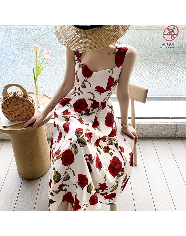 Women's Summer Elegant Floral Print Rose Strap Midi Dress Sleeveless Casual Beach Party Sundress Female Fashion A-Line Vestidos