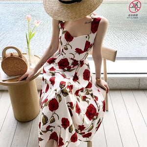 Women's Summer Elegant Floral Print Rose Strap Midi Dress Sleeveless Casual Beach Party Sundress Female Fashion A-Line Vestidos