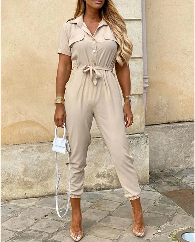 New Summer Jumpsuit Women Elegant Casual Lapel Buckle Printed Female Jumpsuit Woman Trousers Playsuit Overalls Bodysuit Romper